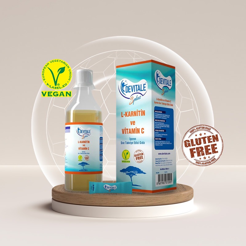 Vegan, gluten-free Devitale Splus L-Karnitin & Vitamin C şişe ve kutu görseli.